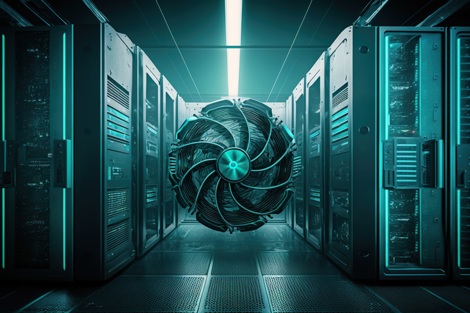 Serverraum-Kühlung: Symbolbild mit Computerschränken und großem Lüfter